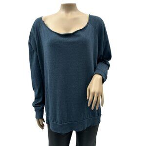 Nation Ltd Distressed Scoop Neck Long Sleeve Loose Fit Sweater Top Blue Women M‎